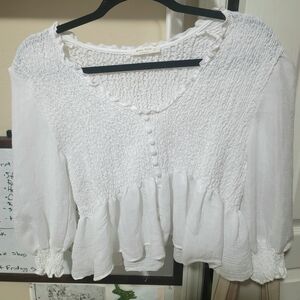 White Cotton Cropped Blend Smocked Blouse